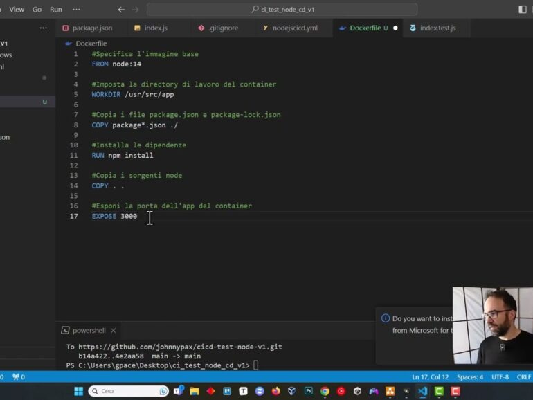 CI/CD 4/7 con Node.js, Docker e GitHub Actions –  La creazione del Dockerfile per il progetto Node